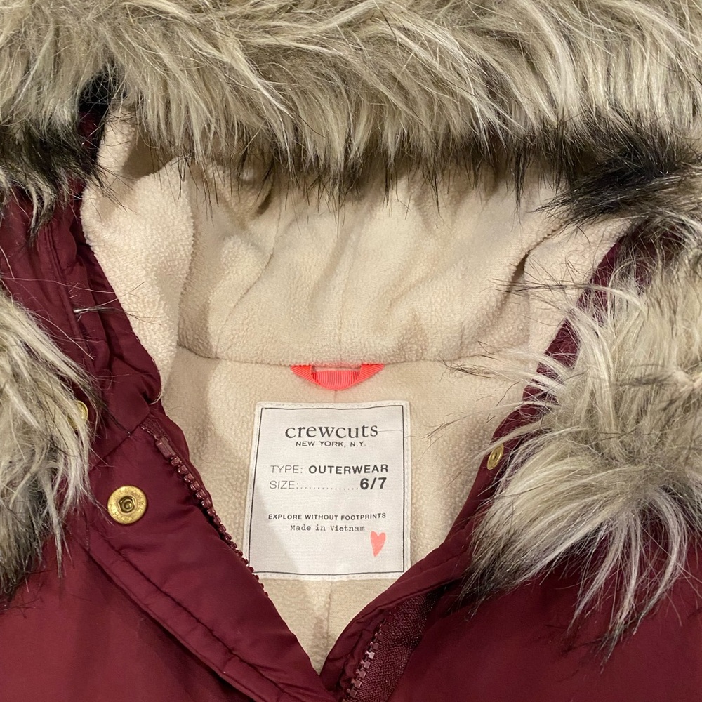 Crewcuts Maroon Puffer Jacket with Faux Fur Hood kids 6/7